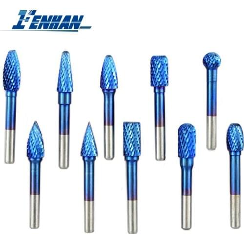 6x10mm Rotary Files Nano Blue Coated Wood Carving Milling Cutter Tungsten Carbide Burr Cutter Double Cut Rotary Tool Burrs
