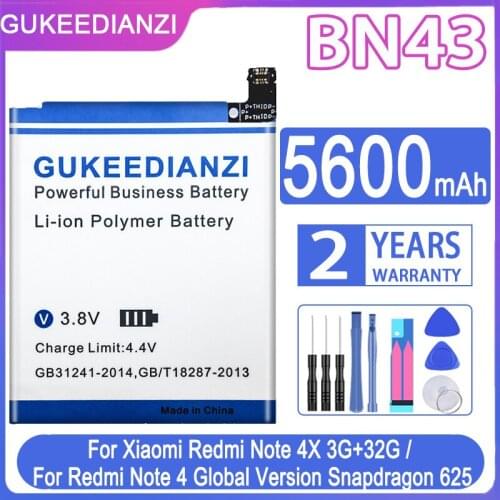 GUKEEDIANZI BN43 5600mAh Replacement Battery For Xiaomi Redmi Note 4X 3G+32G For Redmi Note 4 Global Version Snapdragon 625