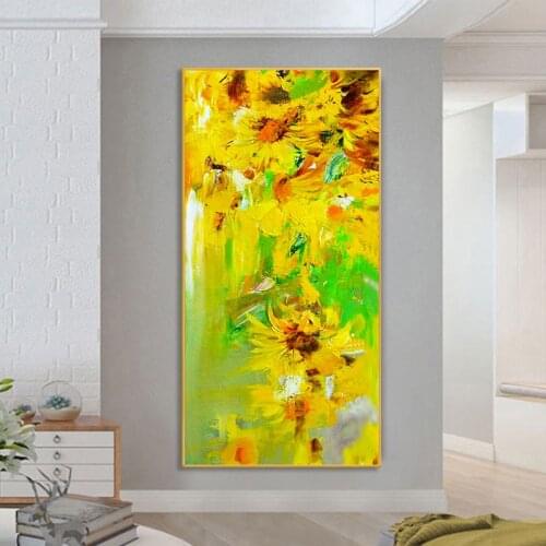 July art modern vertical version flower hand-painted decorative painting yellow sunflower oil canvas living room home decoration