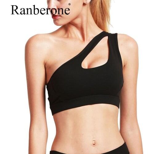 Ranberone Sports Bras Sexy One Shoulder Hollow Sporty Top Women Breathable Push Up Underwear Quick-Drying Padded Athletic Vest