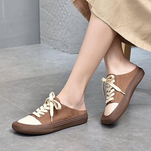 Casual Lace-up Genuine Leather Womens Shoes Slippers 2021 Spring Summer New Cowhide Flat-Heel Soft-Soled Shoes Slippers Woman