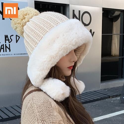 Xiaomi Rabbit fur knitted hat big head Korean version ins plus velvet warm cold cotton hat female autumn winter woolen hat
