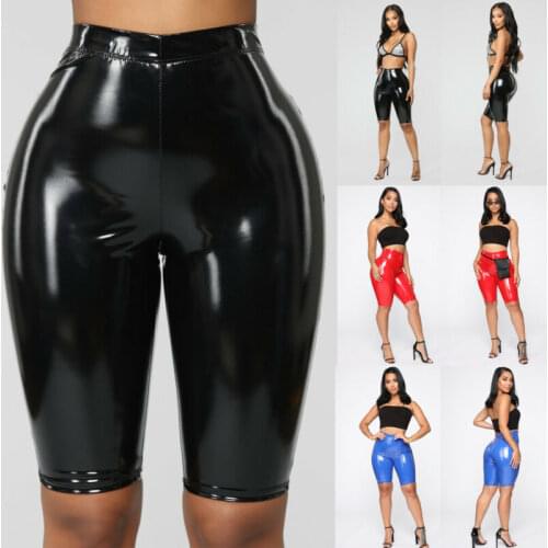 Womens Sexy Shiny Capris PU Leather Capri Pants Joggers Women Slim Fit High Waist Solid Shorts Bodycon Short Pants HOT