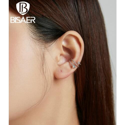 BISAER New 100% 925 Sterling Silver Zircon Shining Star Ear Clip Earrings for Women Girls Simple Fashion Jewelry Gift ECE1135