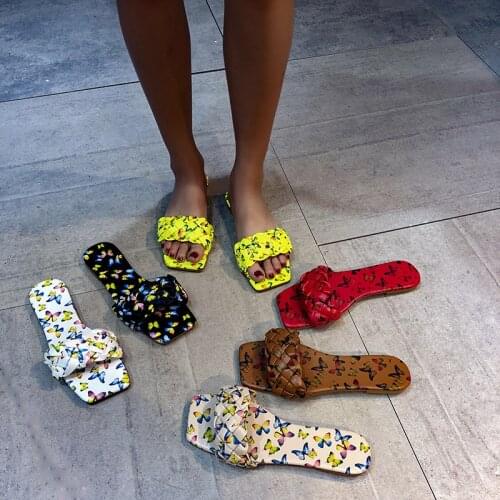 2021 new womens slippers, outer wear flat-bottom square-toe womens PU butterfly figure one-word sandals summer slippers