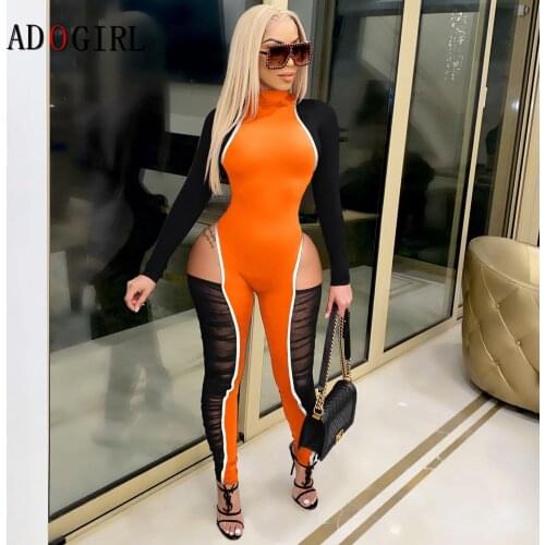 Adogirl Sexy Mesh Patchwork Elegant Night Party Jumpsuit Transparent Bodysuit See Through Bodycon Jumpsuit Female Overall