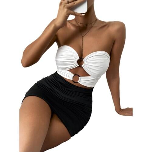 Women Contrast Color Mini Dress, Sleeveless Sweetheart Neck Hollow Out High Waist Pleated Dresses