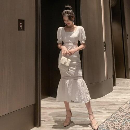 Fashion women backless elegant formal trumpet dress new arrival vintage classical perspective white hollow out mermaid dress