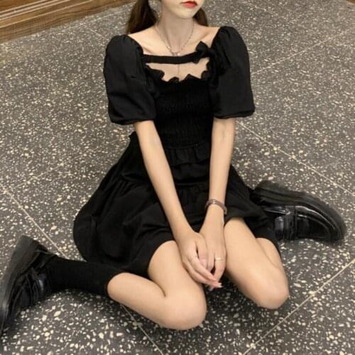 2021 French Short Sleeve Elegant Casual Dresses Women Bow One Piece Dress Korean Bow Design Vintage Black Gothic Dress Females