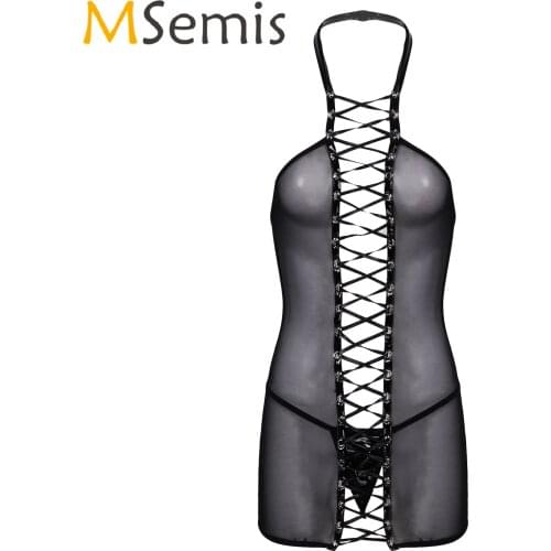Womens Halter Lace Up Mesh See Through Backless Bodycon Mini Dress Lingerie Stage Performance Costume