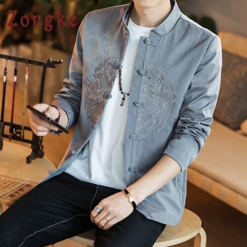 Zongke Solid Dragon Embroidery Linen Jacket Men 2021 Japanese Streetwear Men Jacket Winter Jackets For Men Brand Coat M-4XL