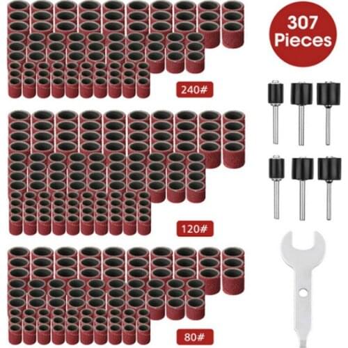 307PCS Drum Sander Set Sanding Drum Kit 300 Pieces Sanding Band Sleeves (80#/120#/240#) + 6 Pieces Drum Mandrels for Dremel