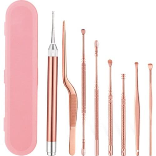 6Pcs/7Pcs/8Pcs Earpick Nose Clean Tweezers Picks Wax Remover LED Light Ear Pick Ear Wax Removal Baby Adults Ear Care Set