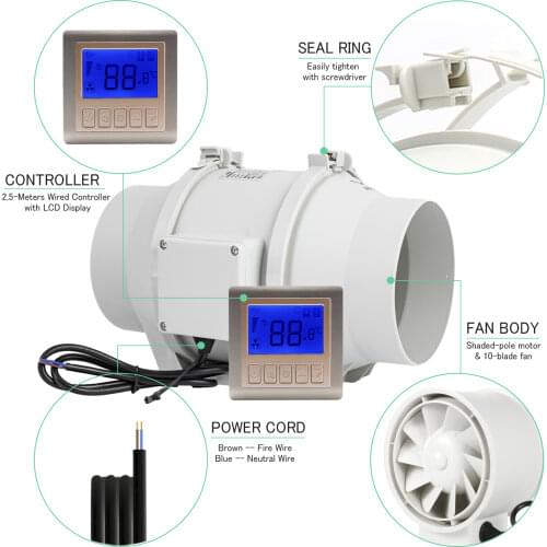 6''220V Silent Inline Duct Fan Strong Exhaust Fan Blower with Smart Timer Switch for Indoor Outdoor Ventilation Toilet Fans
