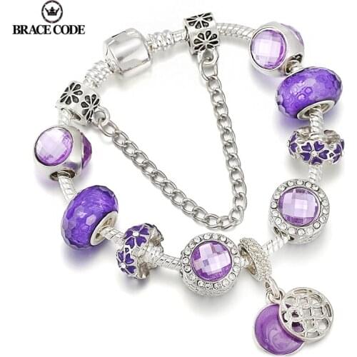 BRACE CODE Silver Plated Heart Purple Zircon Bracelet For Women Jewelry Engagement Party Christmas Gift bracelets pulseras