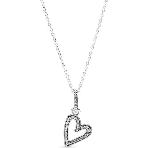 2020 NEW 100% 925 Sterling Silver Sparkling Freehand Heart Pendant Necklace Fit Women Valentines Day Original Fashion Jewelry