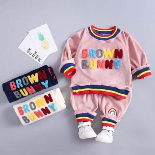Girl Letter Suit Boy 2Pcs Long-Sleeved Trousers Child Round Neck Padded Sets Kid Autumn Winter Warm Clothes Baby Casual Tracksui