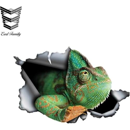 EARLFAMILY 13cm x 8.6cm Green Chameleon Car Sticker Torn Metal Decal Reflective Stickers Waterproof Chameleon Decals Decoration