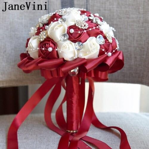 JaneVini Crystal Burgundy Flower Satin Rose Wedding Bouquet Luxurious Beaded Brides Brooch Bridal Bouquet Ramo Novia Para Lanzar