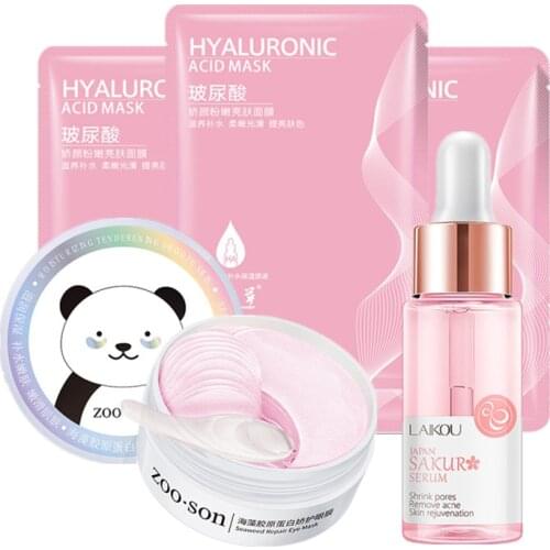 Face Skin Care Set Cherry Blossom Pink Moisturizing Collagen Eye Patche & Face Serum & Facial Mask Anti-wrinkle Sleep Mask TSLM2