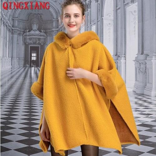 2019 Imitation Rabbit Fur Cape Fashion Poncho With Fur Sleeves Hat Winter Warm New Plus Size Coat Womens Hairy Wool Cardigan