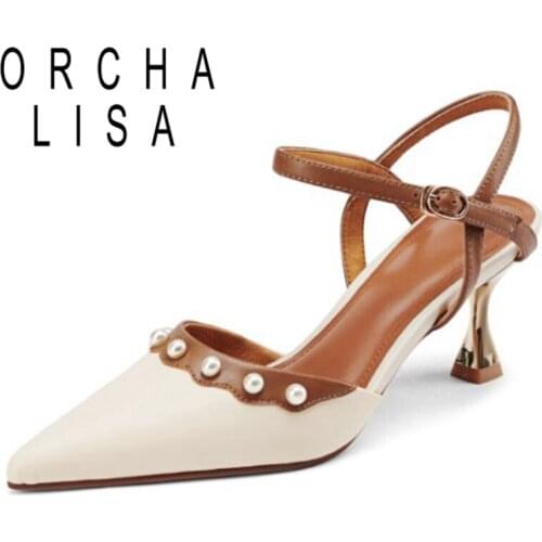 ORCHA LISA 2021 New Genuine Leather Shoes Women Pearl Buckle Single Shoes High Thin Heels Classic Party Sandals Size 30-40 B2640
