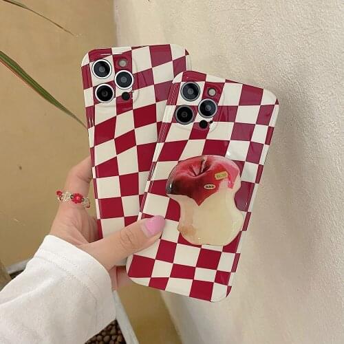 Luxury Red Plaid Phone Case for iphone 12 Mini 11 Pro Max X XS XR 7 8 Plus SE 2020 Checkerboard 3D Bitten Apple Bracket Cover