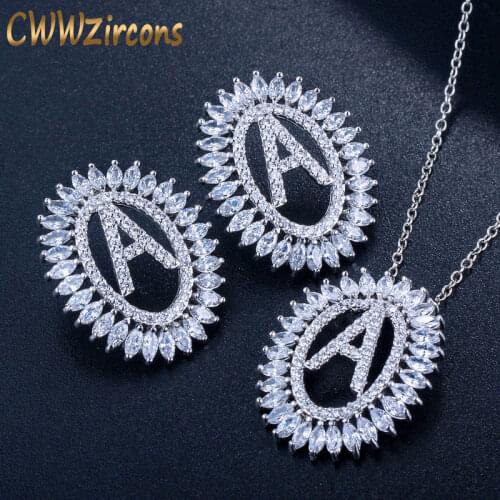 CWWZircons Luxury Cubic Zirconia Pave Letter Name Pendant Necklace and Earrings Fashion Famous Brand Jewelry Set for Women T303