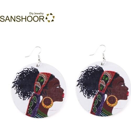 SANSHOOR Afro Black Woman Wood Drop Earrings Natural Hair Headwrap Tribe Ethnic Bohemia Jewelry For Women Christmas Gifts 1Pair