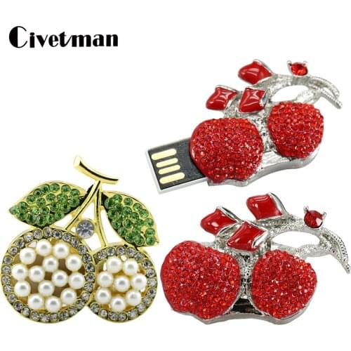 Crystal Cherry USB Flash Drive 16GB 32GB 64GB 128GB Pendrive 256GB USB 2.0 Drive Diamond Necklace Pendant Flash Memory USB Stick
