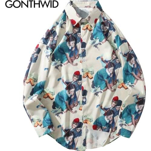 GONTHWID Vintage Painting Print Long Sleeve Dress Shirts Harajuku Casual Button Up Shirt Streetwear Hip Hop Men Fashion Tops