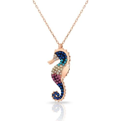 High Quality Rose Gold Plated Multiple Colorful Zircon Seahorse Pendant Womens 925 Sterling Silver Jewelry necklace