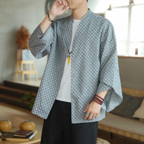 Japanese Style Man Kimono Coat Summer Thin Plaided Haori Jacket Loose Plus Size Linen Male Samurai Kimonos Hanfu Tangsuit