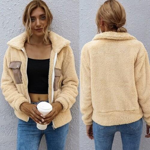 Lapel Zipper Womens Jacket Warmth Fashion Circle Hair Womens Jacket Retro Top Beige