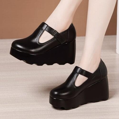 Plus Size 32-43 T Strap Platform Shoes Women Pumps 2021 Fall Spring High Heels Wedges Shoes Ladies Office Dance Chunky Shoe