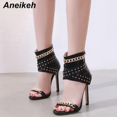 Aneikeh Fashion 2021 Summer PU Womens Sandals Thin High Heels Metal Decoration Cover Heel Shallow Mature Black Party Solid Zip