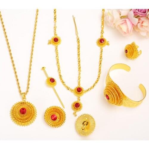 Bangrui big Fashion Ethiopian jewelry sets with hair pcs Gold Color Red stone jewelry sets for Ethiopian women accessories