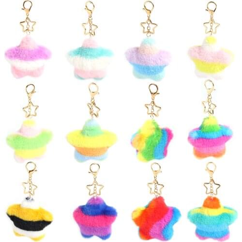 Star Keychains Womens Pom Poms Faux Rex Rabbit Fur Ball Key Chains Girl School Bag Hang Car Key Ring Pendant