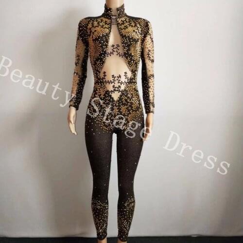 Crystals Black Mesh Jumpsuit Bright Silver Rhinestones Tassel Bodysuit Womens Celebrate Luxurious Costume See Through Jumpsuit