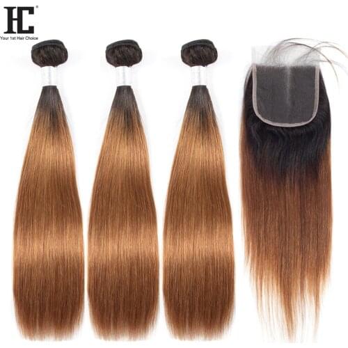 HC Ombre Bundles With Closure 1B/30 Two Tone Ombre Human Hair Weave Brazilian Straight 3 Bundles With Lace Closure Non Remy