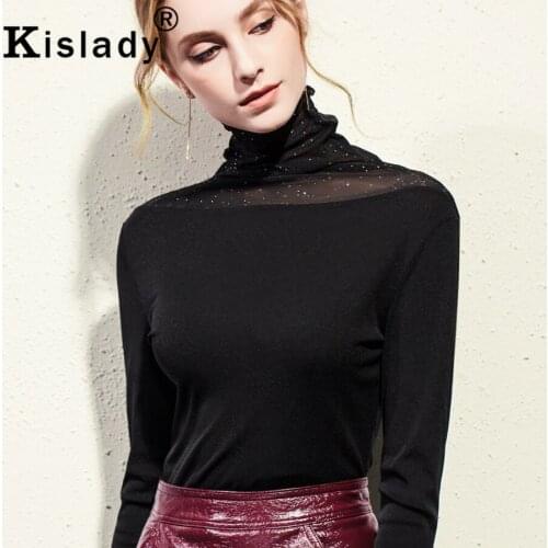Kislady Vintage Black Turtleneck Tshirt Transparent Patchwork Mesh Top 2020 Spring Plus Size Elegant Long Sleeve T Shirt XXXL