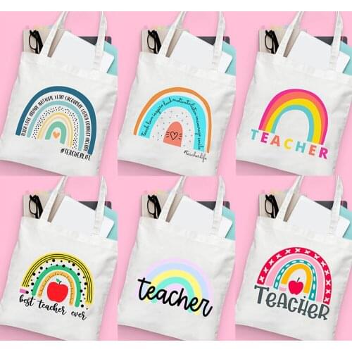 Fashion Women Canvas Hasp Shoulder Shopping Bag Teacher Life Rainbow Graphic Casual Shopper Reusable Foldable with Liner Pocket
