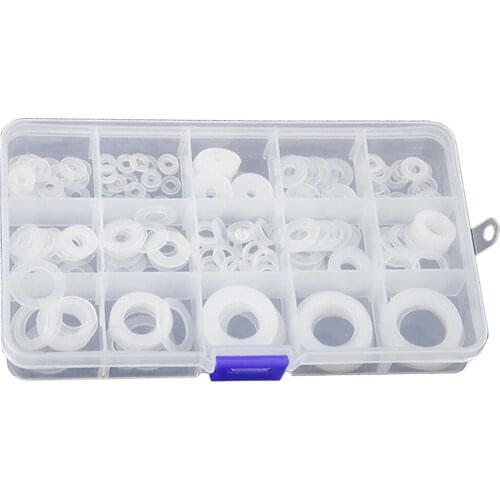 250pcs White Nylon Plastic Washer Flat Gasket Ring Set with Assortment Box