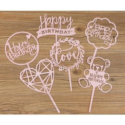 New Arrival 10Pcs Mirror Acrylic Cake Decoration Laser Cut Round/Hexagon Happy Birthday Cake Topper Acrylic Letter Cake Top Flag