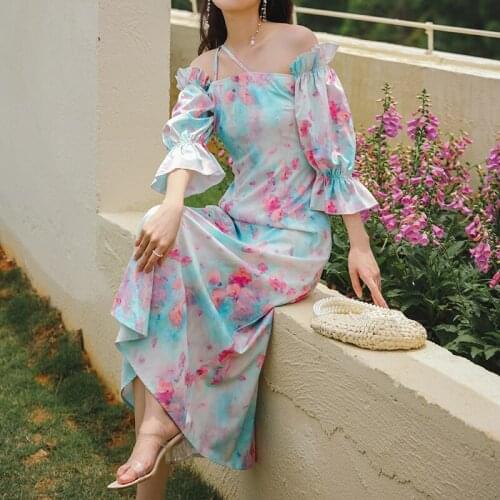 QOERLIN One-Shoulder Puff Sleeve Dress Female Oblique Sling French Palace Party Dress Women Summer Print Floral Midi Dress S-XL