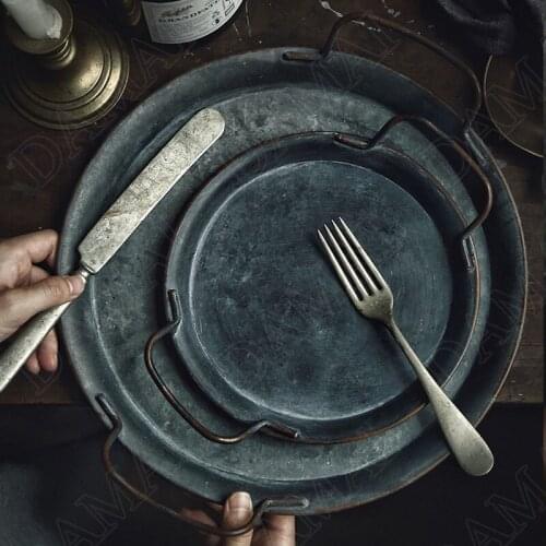 Retro Metal Storage Trays Distressed Craft Decorative Bread Pan Desktop Tableware Organizer American Home Decoration Ornaments