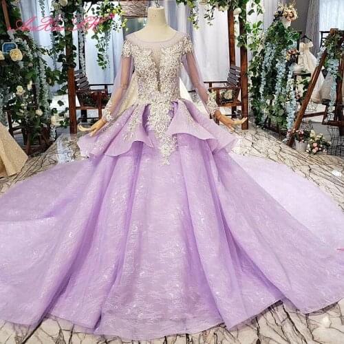 AnXin SH Luxury princess flower purple lace o neck beading crystal long sleeve violet sparkly wedding dress 100% real photo