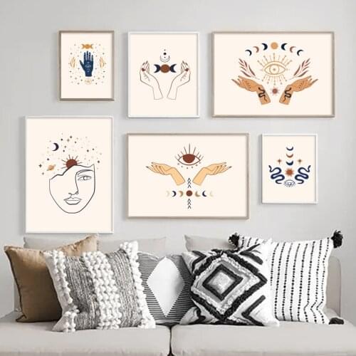 Self-adhesive Wall Stickers Abstract Moon Sun Hand Eye Snake Girl FaceWall Art Posters Wall Pictures For Living Room Decor