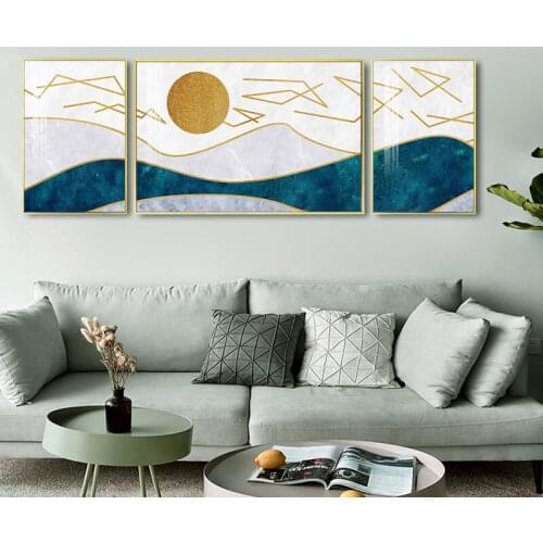 Nordic Abstract Geometric Mountain Landscape Wall Art Canvas Painting Golden Sun Art Poster Print Wall Picture for Home Decor