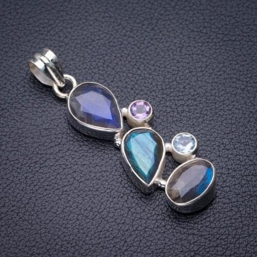 StarGems Natural Blue Fire Labradorite,Amethyst And Blue Toapz Handmade 925 Sterling Silver Pendant 2" D5345